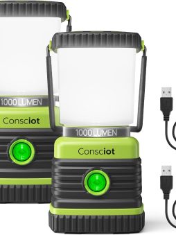 LED Camping Lantern Rechargeable, Consciot Camping Lights, 1000LM, 4 Light Modes, 4400mAh Power Bank, IPX4 Waterproof, Dimmable Tent Lights for Emergency, Power Outages, USB C Cable Included, 2 Pack